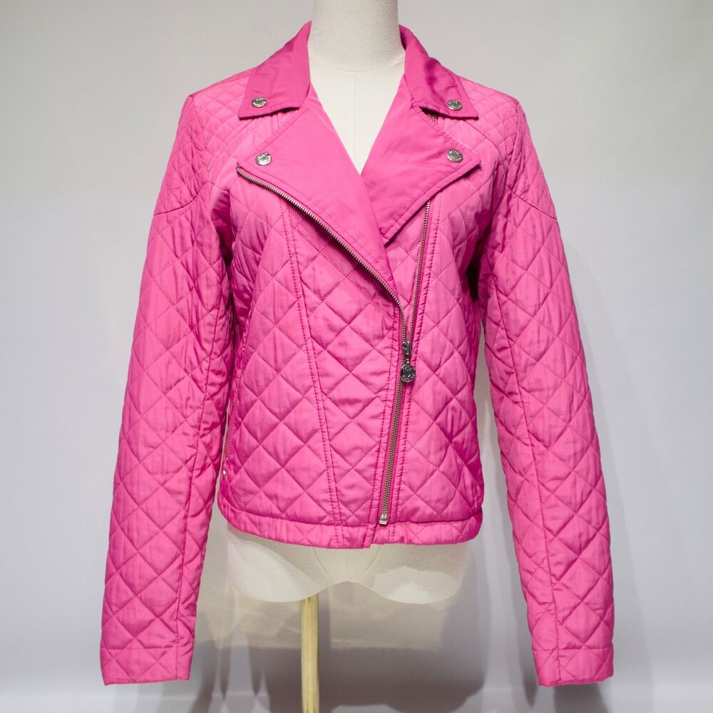 Betsey Johnson Pink Quilted Moto Style Jacket Zippers Pockets Women Size M (B5)